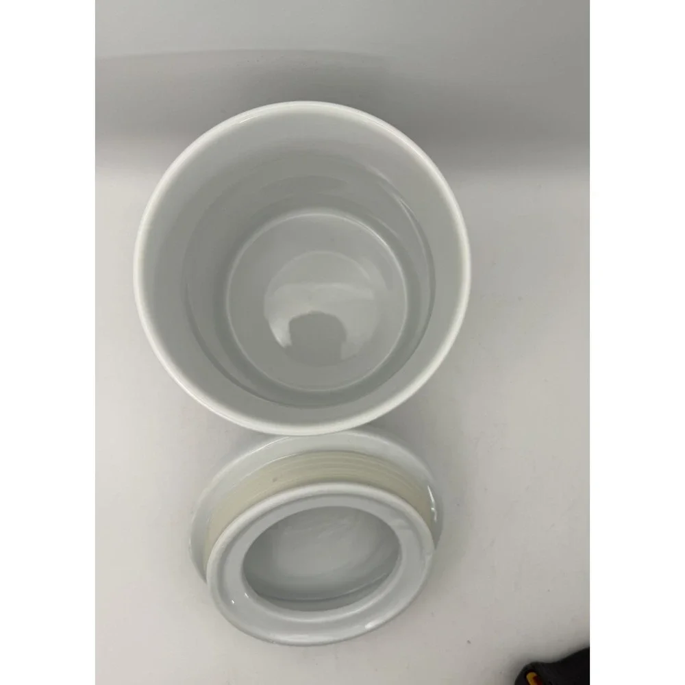 Crate & Barrel Cat Treat Canister Fish Lid Black White Ceramic 6.5